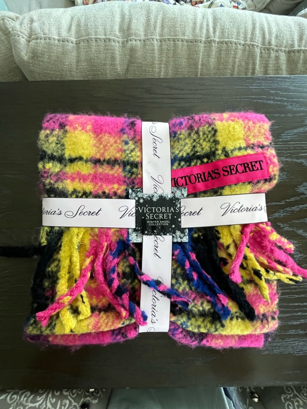 Victoria's Secret Neon Plaid Fringe Scarf — Pink, Yellow, Black